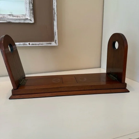 Antique Brass Mounted Wood Expandable Book Rack Victorian Folding Bookends Accents